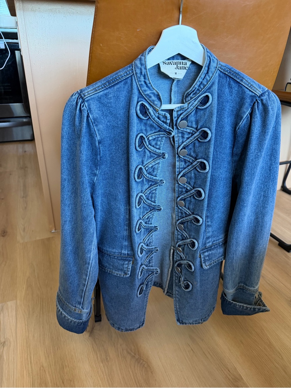 Savanna Jane Medium Blue Denim Military-Inspired Lace Front Jacket